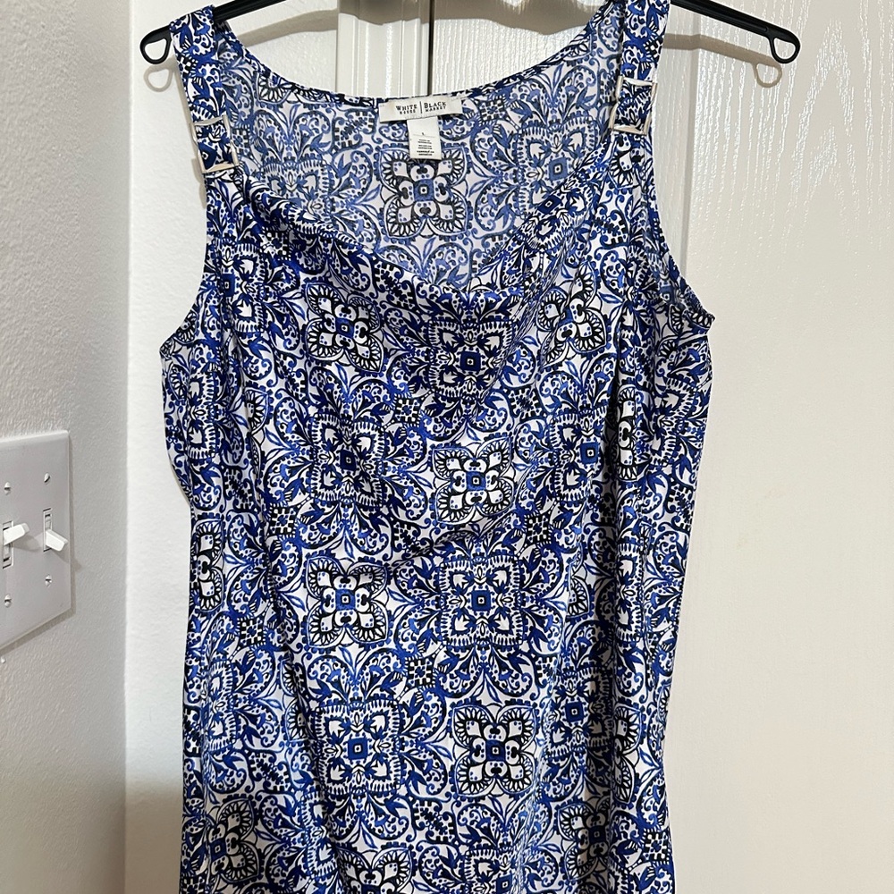 White House Black Market Blue and White Patterned Tank Top
